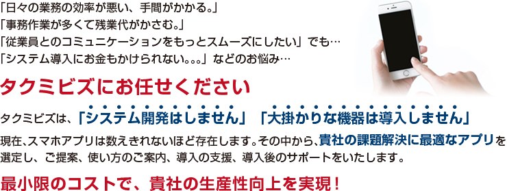 タクミビズにお任せ下さい。最小限のコストで貴社の生産性向上を実現！